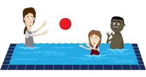 therapist and children playing with ball in swimming pool