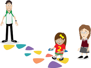 Children playing on coloured stepping stones, therapist observes