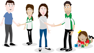 Cartoon image of parents and OT for Kids therapists shaking hands